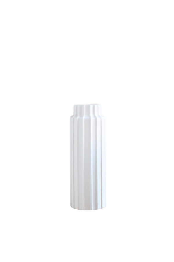 Ceramic Ribbed Cylinder Vase Matte White - Short