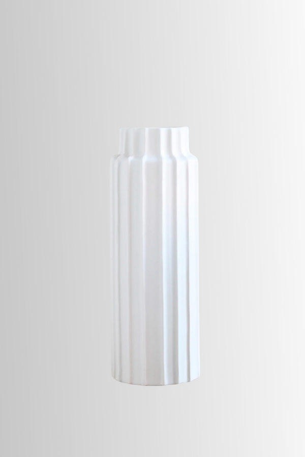 Ceramic Ribbed Cylinder Vase Matte White - Tall