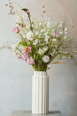Ceramic Ribbed Cylinder Vase Matte White - Short