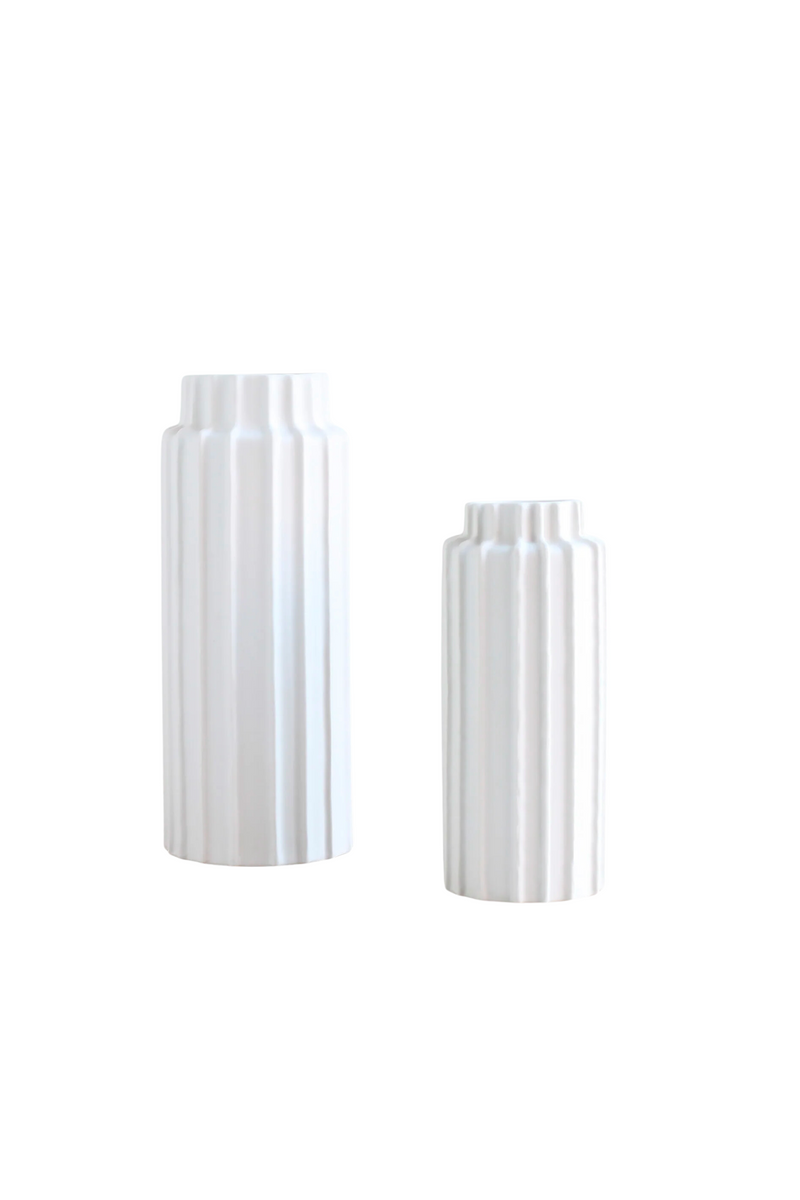 Ceramic Ribbed Cylinder Vase Matte White - Short