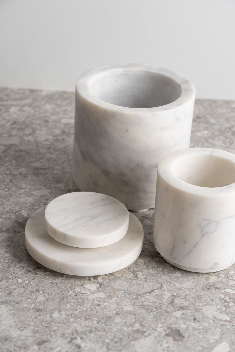 Large Round Marble Canister with Lid - White