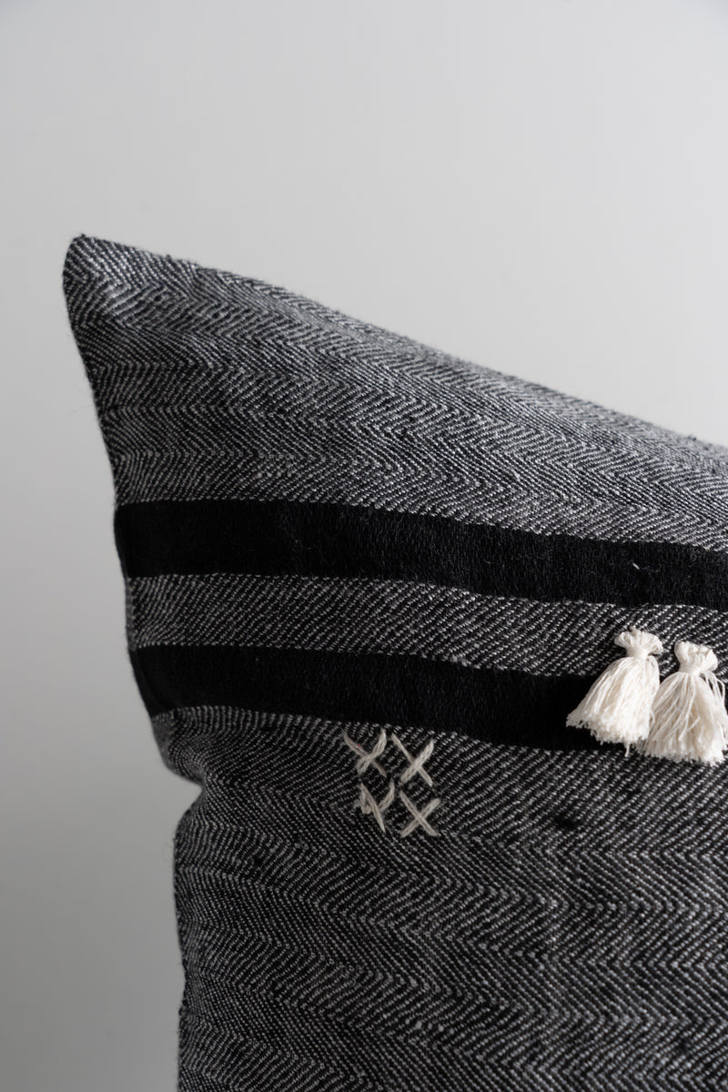 Sibyl Black Fabric Striped and White Fringe - 18" x 18"