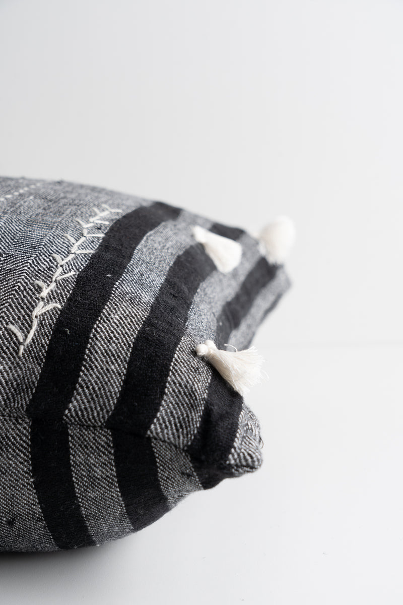 Sibyl Black Fabric Striped and White Fringe - 18" x 18"